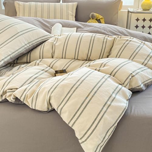100% Cotton Bedding Comforter Cover Set, Soft Comfort Stripe Washed