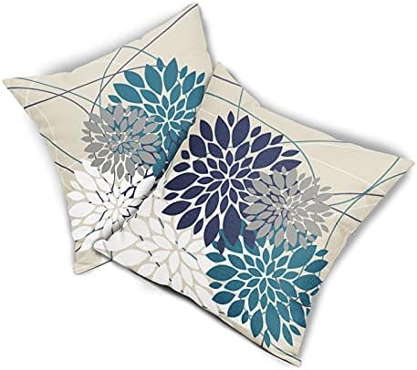 Navy Blue Teal White Grey Flower Pillow Covers 22x22 Set of 2 Dahlia