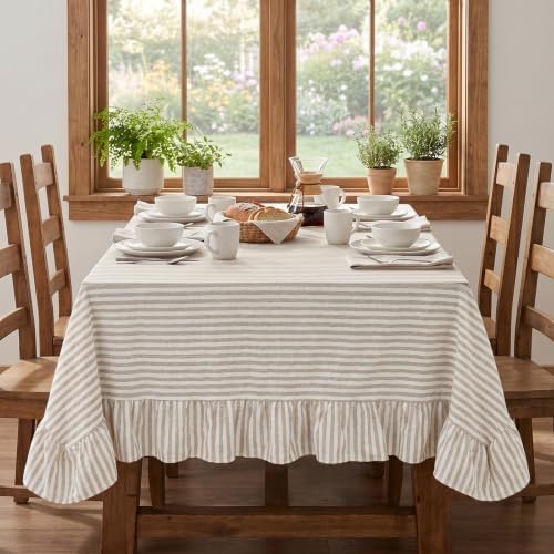 SquarePie Striped Ruffled Tablecloth Taupe White 52x70 Inch