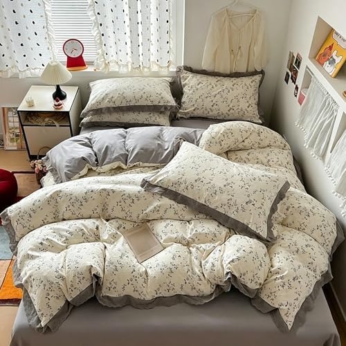 Floral Duvet Cover Queen Size, Washed Cotton Soft Bedding Set 4 Piece