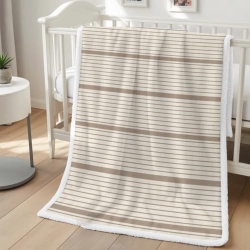 Horizontal Stripe Sherpa Fleece Throw Blanket Modern Minimalist Brown