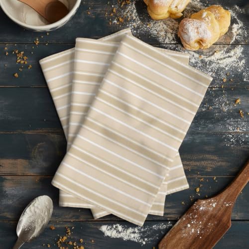 Khaki Stripe Kitchen Towels Set of 3, Water Absorbent Dish Towel
