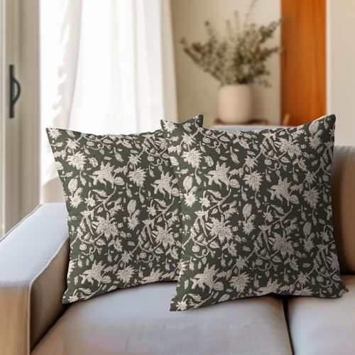 Olive Green Floral Block Print Throw Pillow Covers 22x22 Inch Set of 2