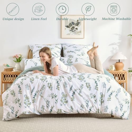 MILDLY Eucalyptus Leaves Floral Duvet Cover Set Unique Design 3pcs