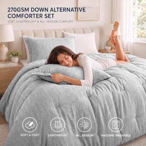 CozyLux Queen Comforter Set, Heathered Light Grey, 3 Pieces Bedding