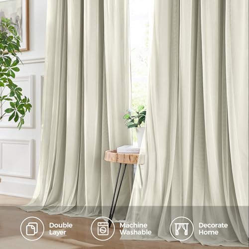 100% Blackout Curtains for Bedroom, Double Layer Ivory 108" L