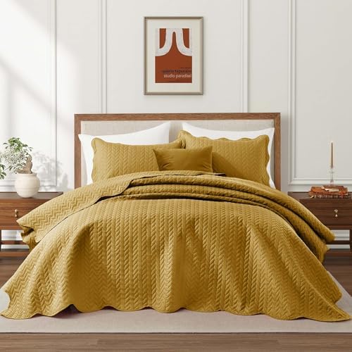 MOONLIGHT20015 King Quilt Bedding Set Ochre Bedspread Coverlet