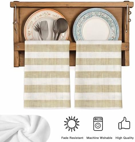 Cream Striped Kitchen Towels Set of 3, Absorbent Microfiber Soft Dish
