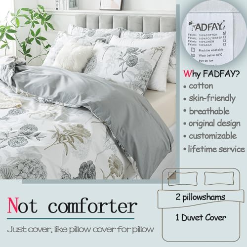 FADFAY Floral Duvet Cover Sets Queen Size 100% Cotton Ink Grey Vintage