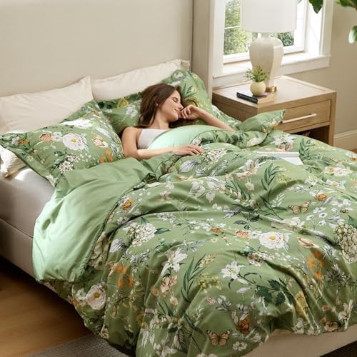Bedsure Duvet Cover King Size - Reversible Green Floral&Bird Duvet
