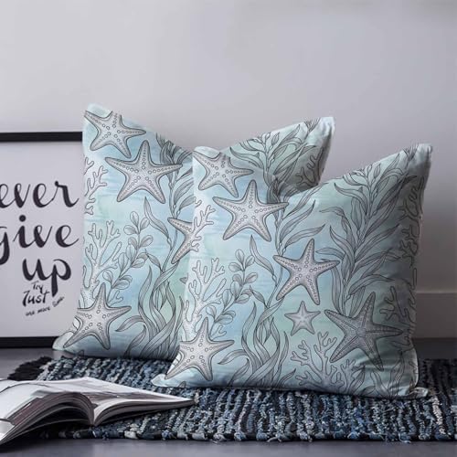 20x20 Pillow Covers Set of 2, Teal Blue Starfish Coastal Throw Pillow