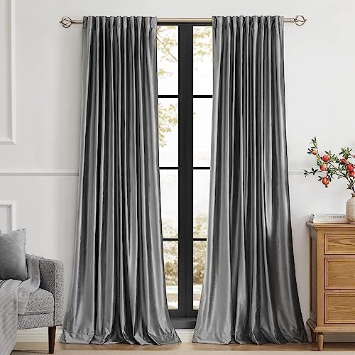 PRIMROSE Dark Grey Velvet Curtains 120 inch Long for Living Room,Set