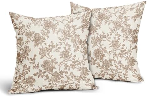 Light Brown Floral Pillow Covers 20x20 Set of 2 Vintage Flower Design