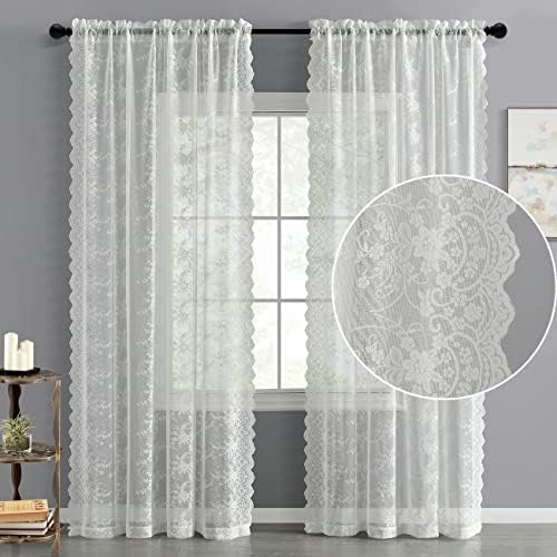 Kotile Long Ivory Floral Lace Curtains for Living Room 52x108 Inch 2