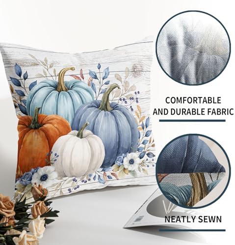 Fall Pumpkin Floral Throw Pillow Covers 22x22 Inch Blue Teal Orange