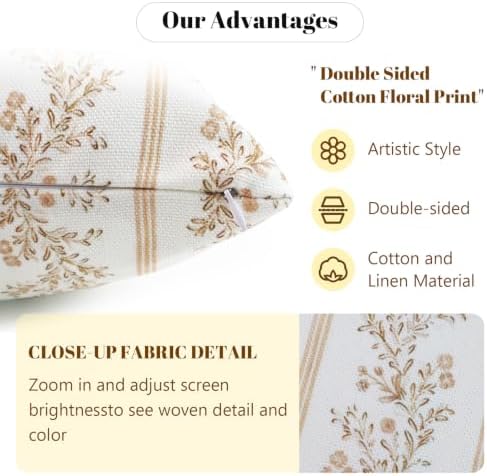 Botanical Floral Throw Pillow Covers 20x20in Set of 2, Light Khaki