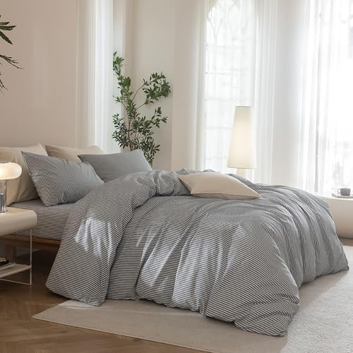 JIYUAN King Washed Cotton Duvet Cover Set, 3-Piece, Linen-Like