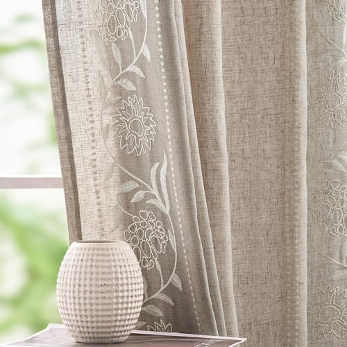 jinchan Taupe Floral Linen Curtains for Living Room 84" Back Tab 2