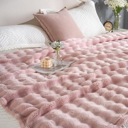 Faux Fur Bed Blankets King Size Pink, Soft Fluffy Bubble Blanket for