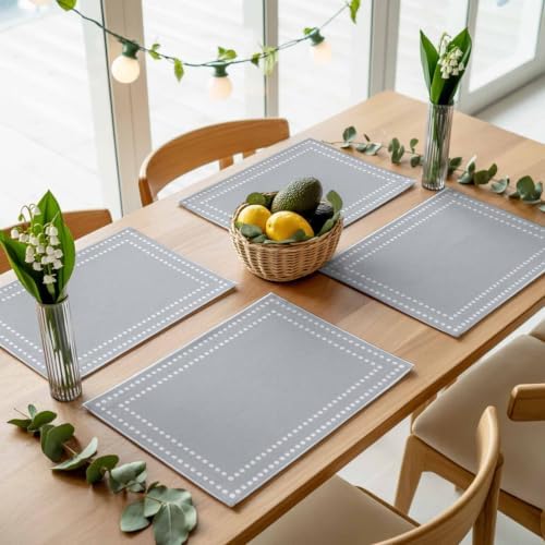Gray Placemats Set of 8, Winter Minimalist Dotted Borders Square