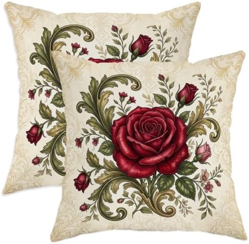 Vintage Red Rose Floral Throw Pillow Covers 18x18 Set of 2