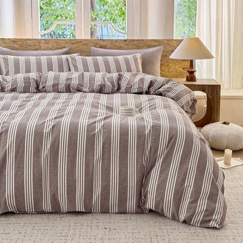 Striped Duvet Cover Set 100% Washed Cotton Linen Like Super Soft Chic