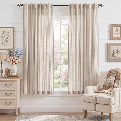 StangH Tan Linen Blend Stripe Curtains for Bedroom, W52 x L63, 2