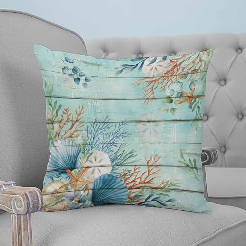 Pillow Covers 16x16 Set of 2, Teal Beach Coastal Throw Pillow Covers