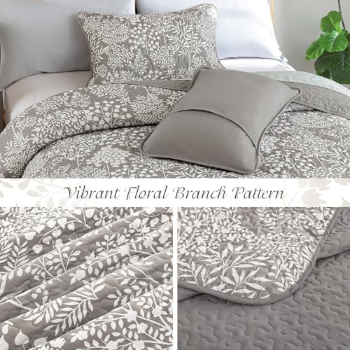 WONGS BEDDING Gray Quilt Set King Size, Botanical Print Bedspread