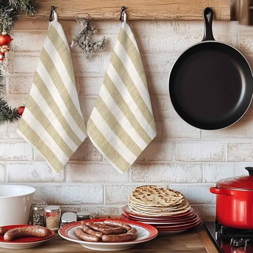 Cream Striped Kitchen Towels Set of 3, Absorbent Microfiber Soft Dish