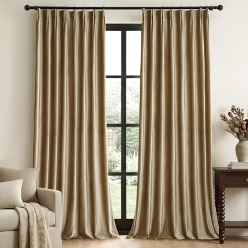 Taupe Velvet Pinch Pleated Curtains: 96 Inches Long 2 Panels Set