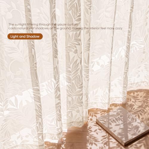 Floral Sheer Curtains Rod Pocket 72 Inches 2 Panels Beige