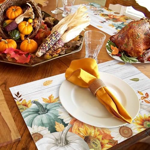 Placemats Set of 8, Thanksgiving Fall Pumpkin Harvest Washable Table