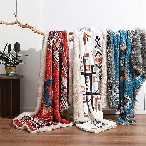 Luxury Plush Faux Fur Throw Blanket with Aztec Pattern, Super Warm