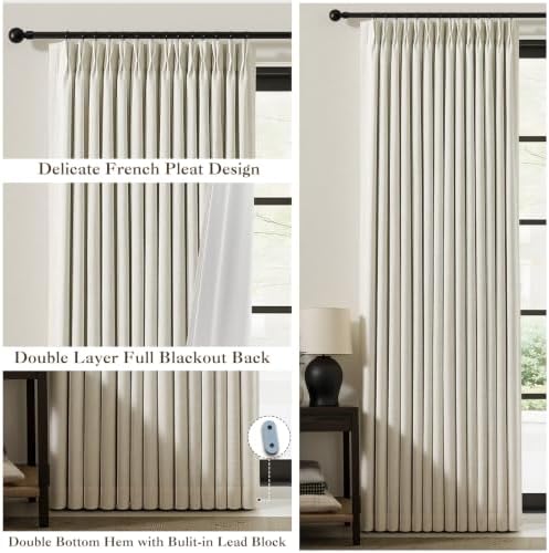 IVAPUPU Natural Pinch Pleated 100% Blackout Curtains 120 Inch Long