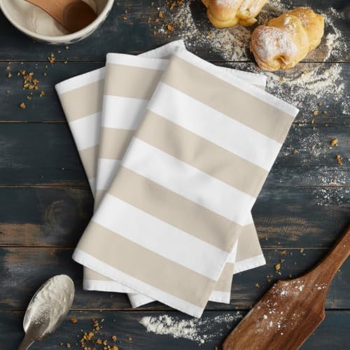 Cream Striped Kitchen Towels Set of 3, Water Absorbent Dish Towel