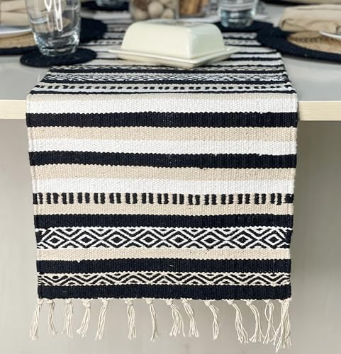CHARDIN HOME Black, Cream, White Boho Table Runner | Cotton Farmhouse