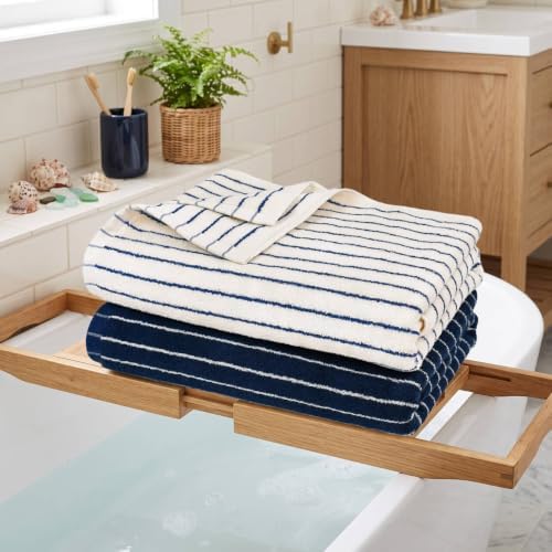 Navy Blue Bath Towels Set of 2, Striped Towels for Bathroom, Pool &