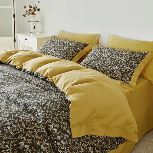SUSYBAO Mustard Yellow Flower Duvet Cover Queen 100% Cotton 3 Pcs Set