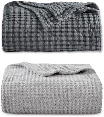 Bedsure Bundle of Cotton Waffle Blanket Grey and Dark Grey Queen