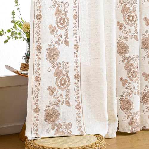 Taupe Boho Floral Linen Curtains for Living Room 96 Inch 2 Panels