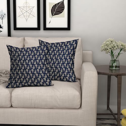 Navy Blue Floral Block Print Throw Pillow Covers 22x22 Inch Set of 2