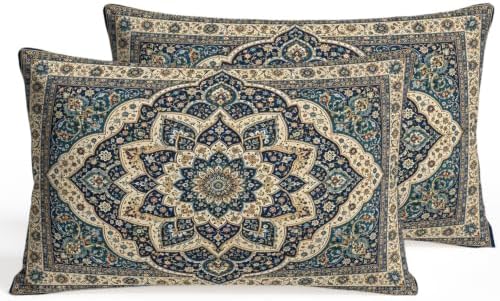 Boho Traditional Throw Pillow Covers, Navy Gold Cream Floral Pattern