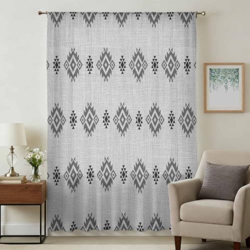 Sheer Curtains 63 Inches Long for Living Room/Bedroom, Grey Boho Rod