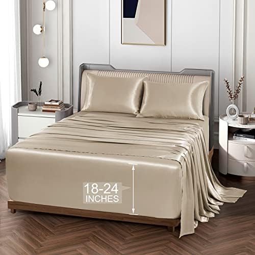 Vonty Taupe Satin Sheets Queen Extra Deep Pocket 18-24In 4PC