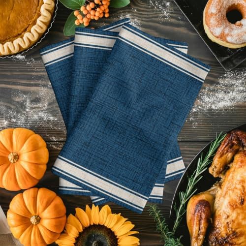 Minimalist Blue Beige Kitchen Towels Set of 3 Rustic Traditional