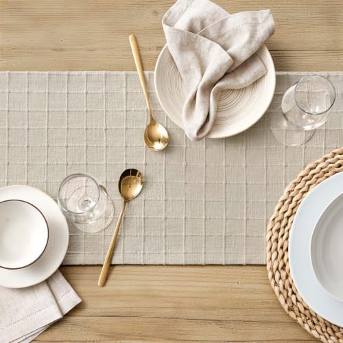 ZeeMart Artisanal Grid Linen Table Runner, 13x108 Inches Neutral Beige