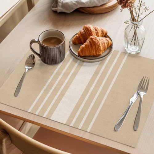 Taupe Stripe Placemats Set of 4, Cotton Linen Fabric Place Mats