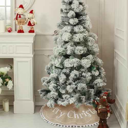Farmhouse Christmas Tree Skirt, 48 inches, White Pom Pom