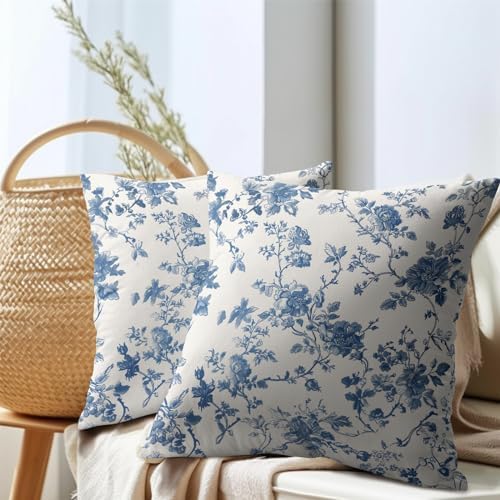 Kawani Blue Floral Pillow Covers 20x20 Inch Set of 2 Blue and Cream